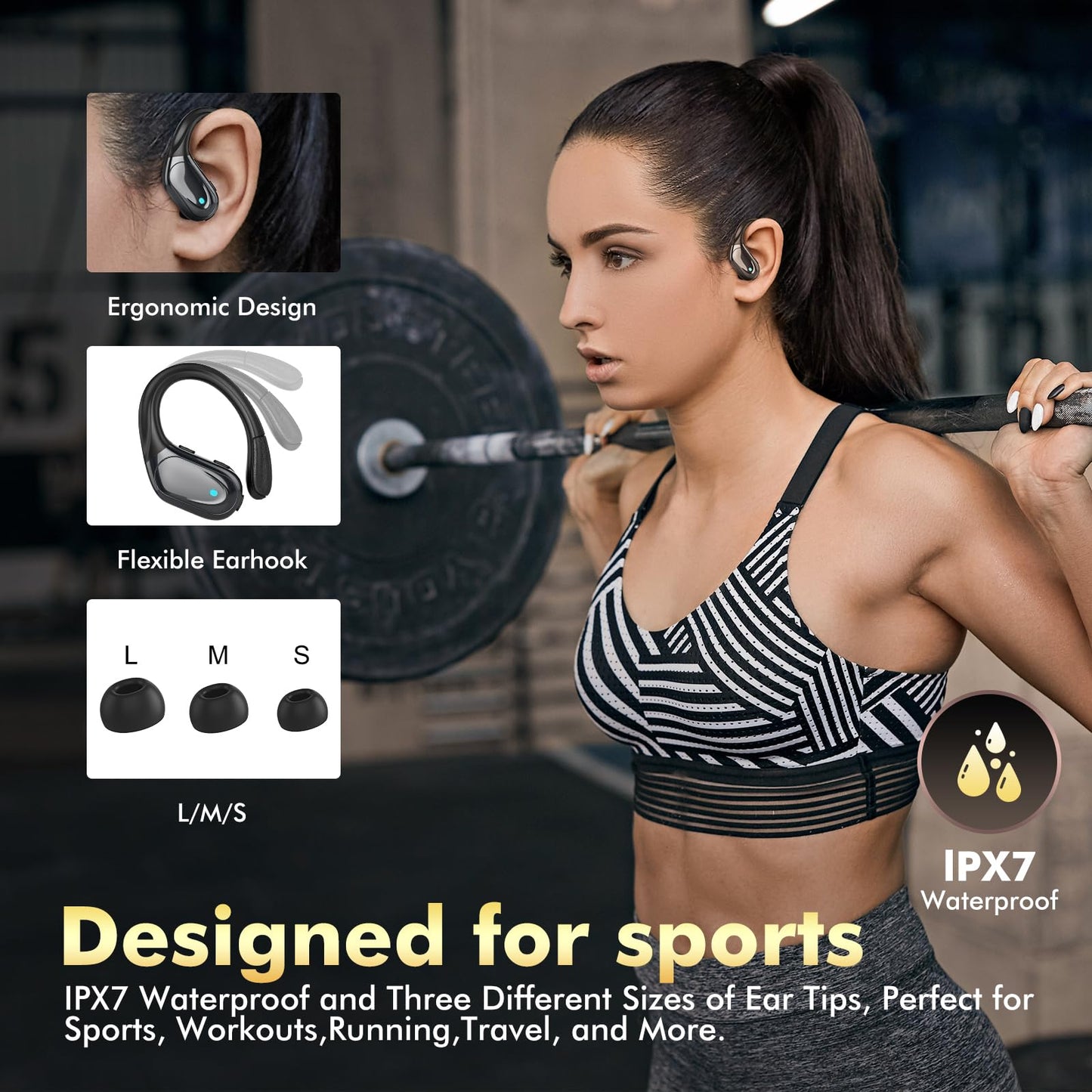 Wireless Earbuds Bluetooth Headphones 80hrs Playback Ear Buds Power Display with Noise Canceling Mic Headsets for Sports/Workout/Running Black