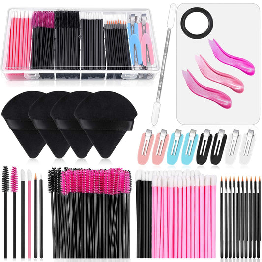 Disposable Makeup Applicators Kit with Triangle Puff Mixing Palette, Artist Supplies Disposable Mascara Wands, Lip Brushes, Hair Clips Powder Puffs for Face with Storage Box