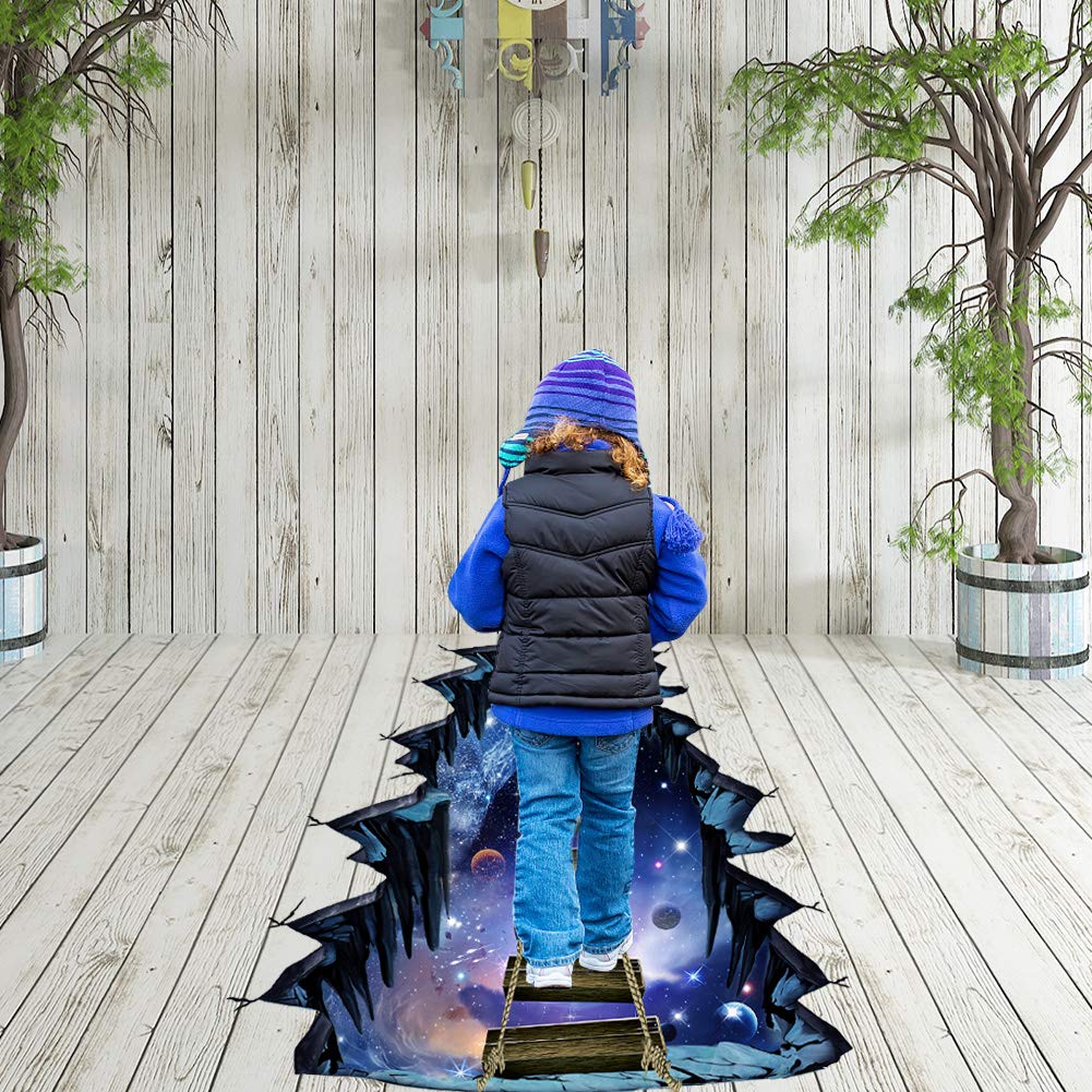 RW-82002 3D Floor Stickers Galaxy Interstellar Space Suspension Bridge Floor Stickers Removable Illusion Waterproof Floor Wall Decor for Kids Bedroom Living Room Nursery Home Decoration