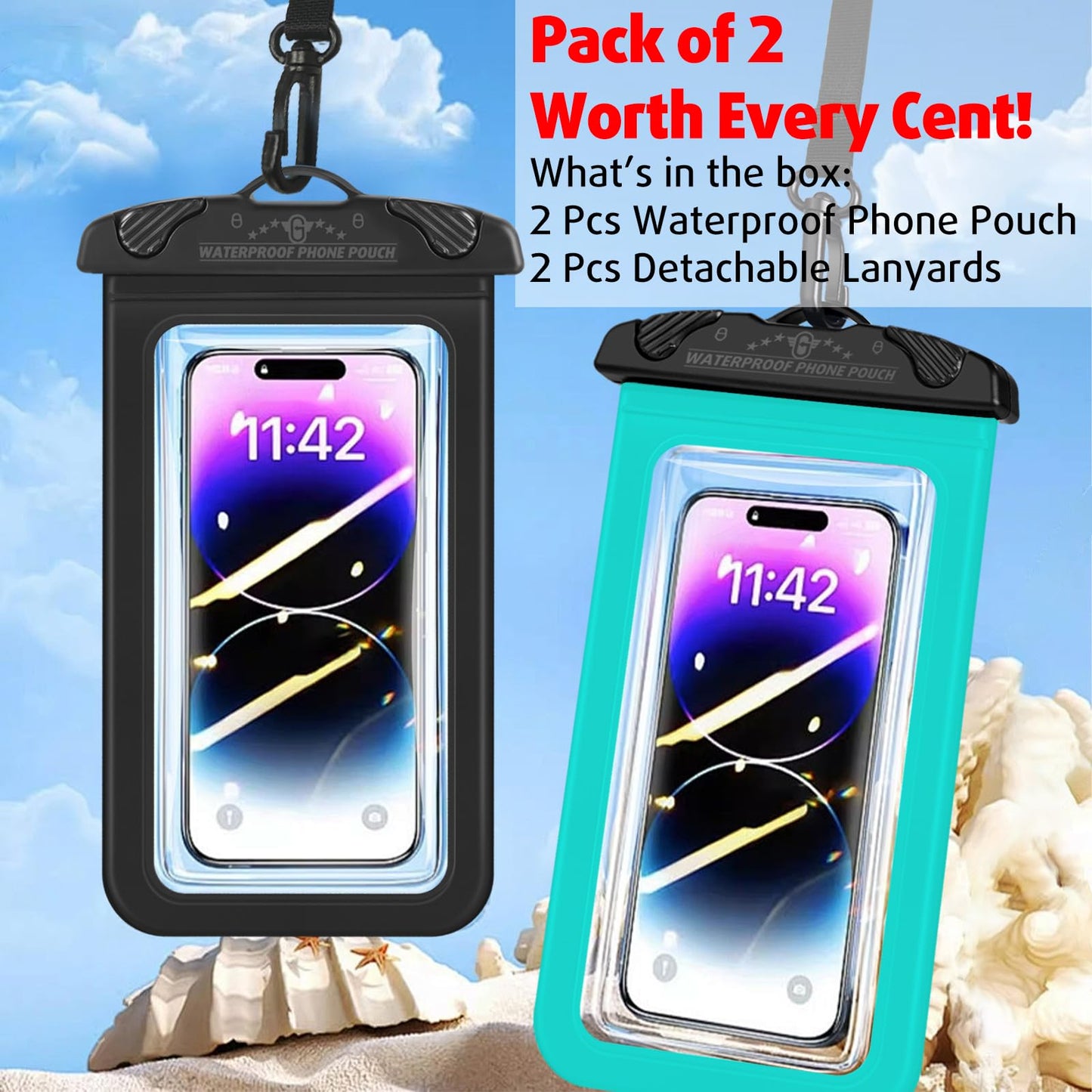 2 Pack Waterproof Phone Pouch, Waterproof Phone case with Lanyard Cell Phone Dry Bag for iPhone 16 15 14 13 12 Pro Max, Galaxy S24 S23 Ultra- Beach Cruise Ship Essentials