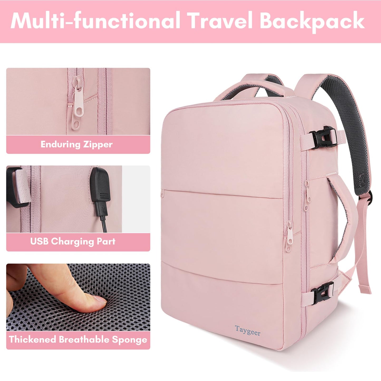 Taygeer Travel Backpack for Women, Carry On Backpack with USB Charging Port & Shoe Pouch, TSA 15.6inch Laptop Mochila Flight Approved, Nurse Bag Casual Daypack for Weekender Business Hiking, Pink