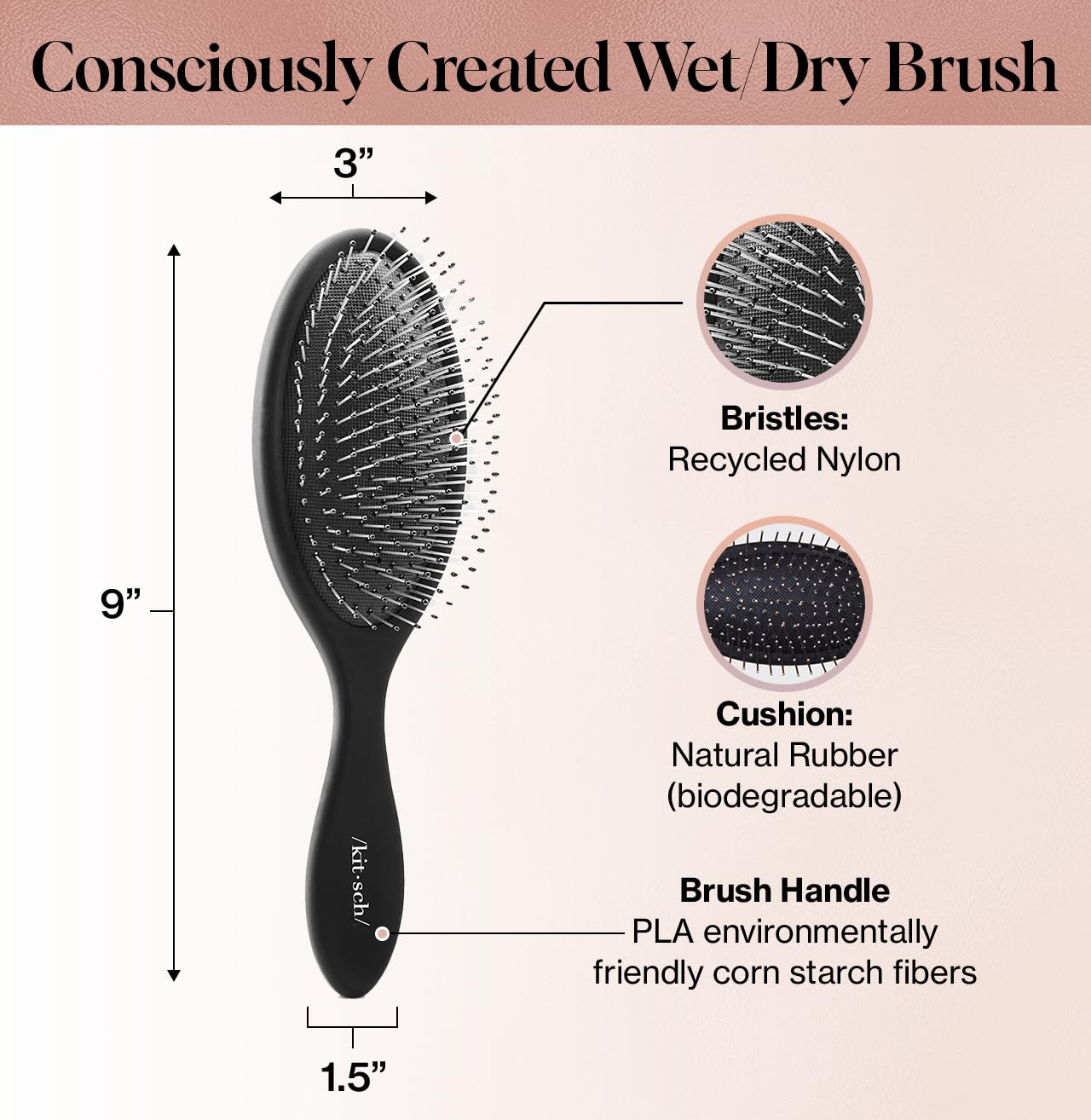 Kitsch Hair Detangler Brush - Soft Bristle Detangling Brush for Women with Curly & Straight, Dry & Wet Hair, Tangle Free, Flexible Bristles Comb, Travel-Friendly, Valentines Gift For Her - Black