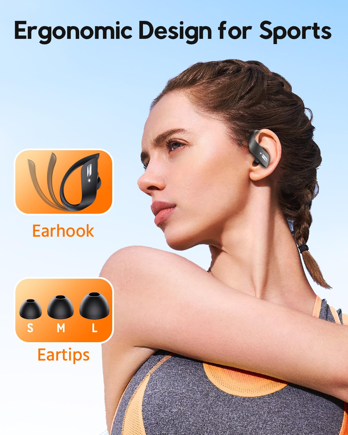 Wireless Earbuds 80Hrs Bluetooth 5.3 Headphones, Bluetooth Earbuds Stereo Bass Sound Ear Buds, IPX7 Waterproof Sports Over Ear Earphones with Earhook, LED Power Display, for Running Workout Black