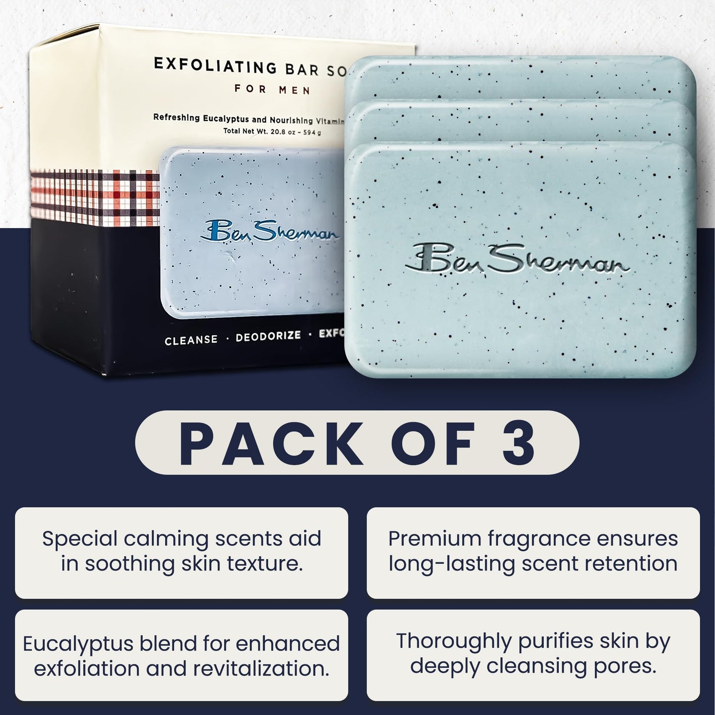 Ben Sherman Bar Soap for Men 3 Pack Men's Bar Soap, Exfoliating Body Soap Bars – Refreshing Eucalyptus