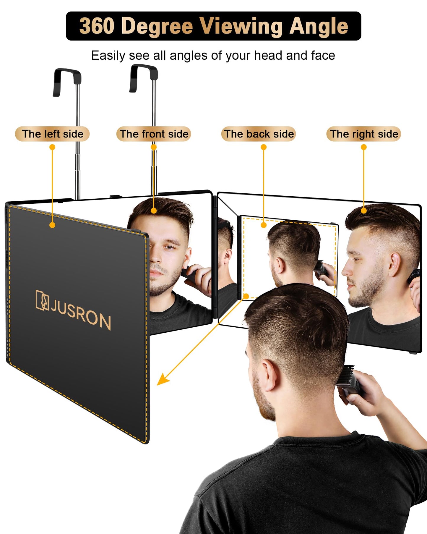 Espejo para cortar el pelo con ángulo de visión de 360 ​​grados de JUSRON, vidrio HD antivaho transparente (negro sin LED y sin accesorios)