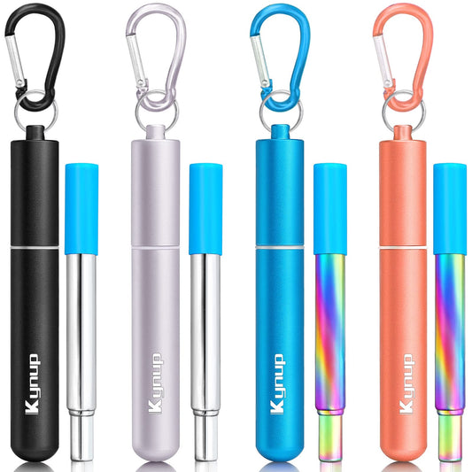 Kynup Reusable Straws, 4Pack Collapsible Portable Metal Straw Reusable Foldable Stainless Steel Drinking Travel Telescopic Straw with Case, Clean Brush, Keychain Gifts (Blue-Black- Rose Gold-Silver)