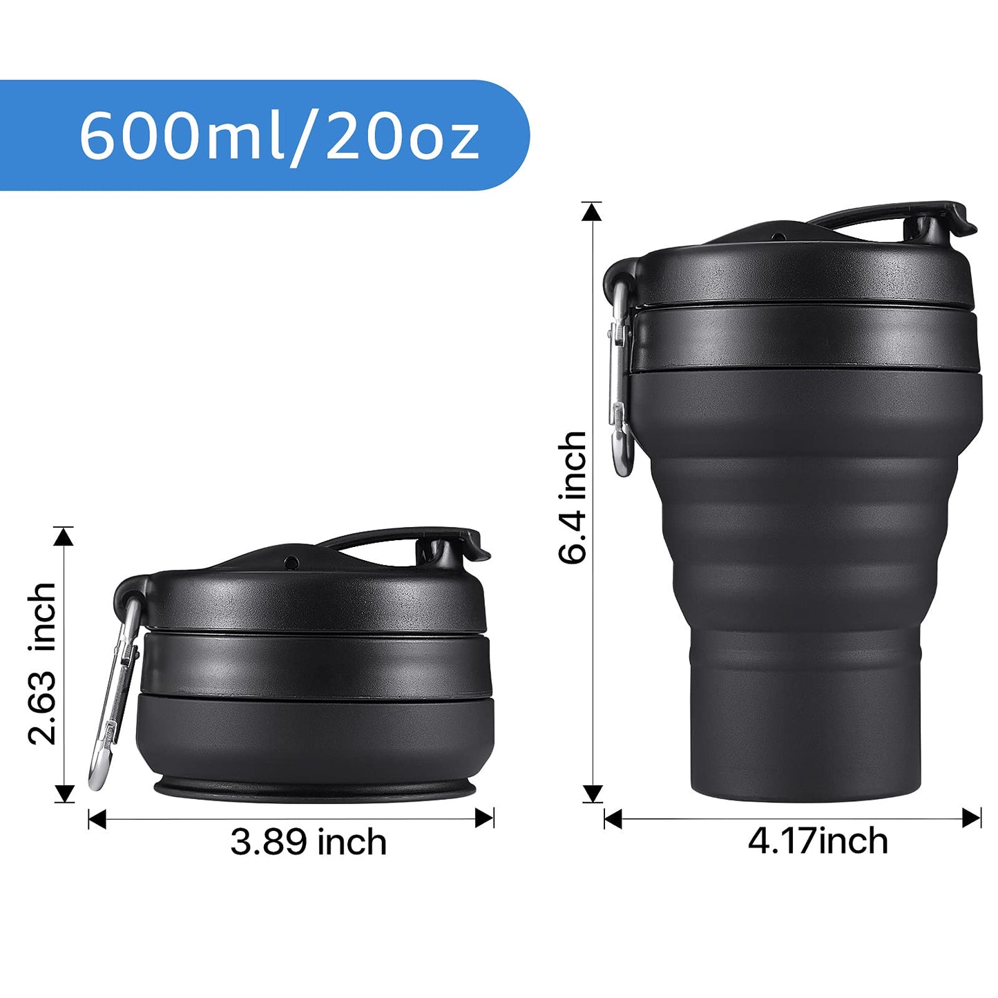 EASYXQ Collapsible Travel Cup, 20 OZ 600ml Silicone Folding Camping Cup, Leak Proof BPA Free Portable Cup, Sport Bottle with Lids for hiking (Black)