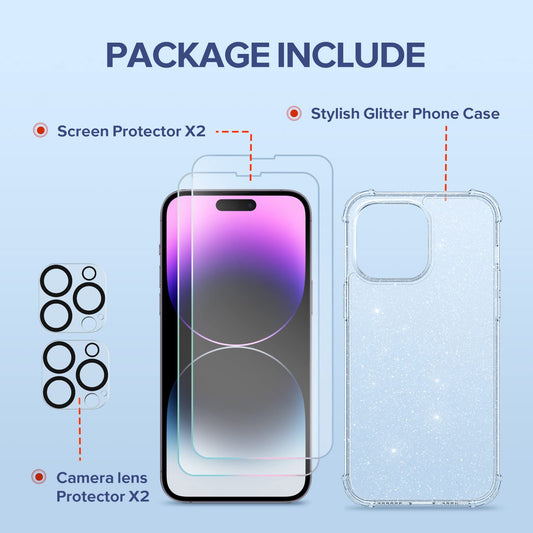 iPhone 14 Pro Case Glitter Clear, with 2X Screen Protector + 2X Camera Lens Protector, [Non-Yellowing] [Military Grade Protection] Cute Bling Shockproof Phone Case 6.1 Inch, Shiny Clear