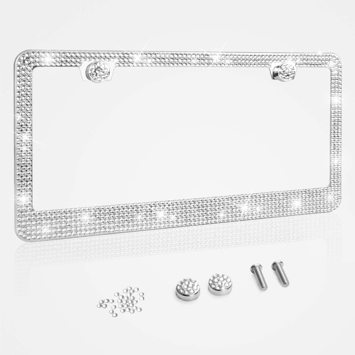 Tchipie Lot de 1 cadre de plaque d'immatriculation en strass brillant, cadre de plaque d'immatriculation de voiture en diamant scintillant et mignon, cadre d'étiquette en cristal pailleté, cadre en acier inoxydable (blanc)