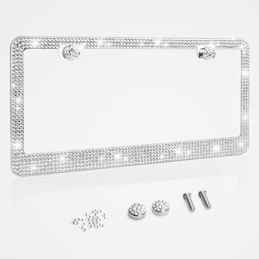 Tchipie Lot de 1 cadre de plaque d'immatriculation en strass brillant, cadre de plaque d'immatriculation de voiture en diamant scintillant et mignon, cadre d'étiquette en cristal pailleté, cadre en acier inoxydable (blanc)