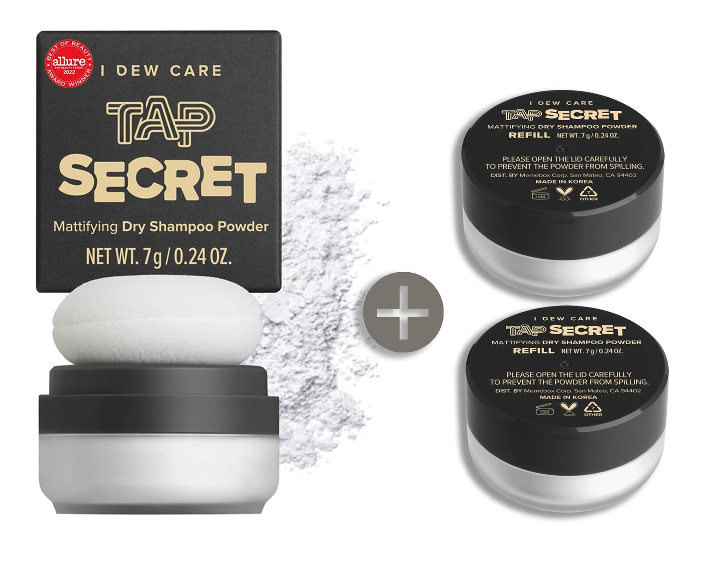 I DEW CARE Dry Shampoo Powder - Tap Secret Orignal + Refill 2 Pack | With Black Ginseng, Non-aerosol, Benzene-free, Mattifying Root Boost, No White Cast, Travel Size, Hair Volume