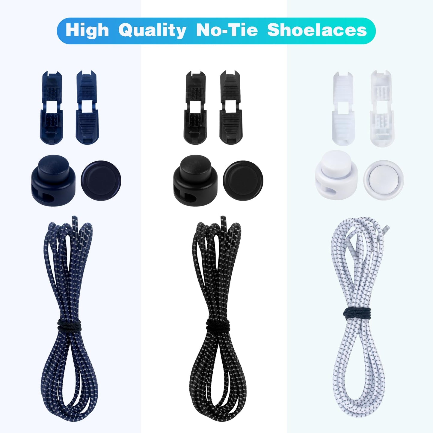 SUTOUG No Tie Shoelaces, Reflective Elastic Shoelaces, Quick Release Shoelaces, Suitable for Adults and Children, 3 Pairs (Black + White + Royal Blue)