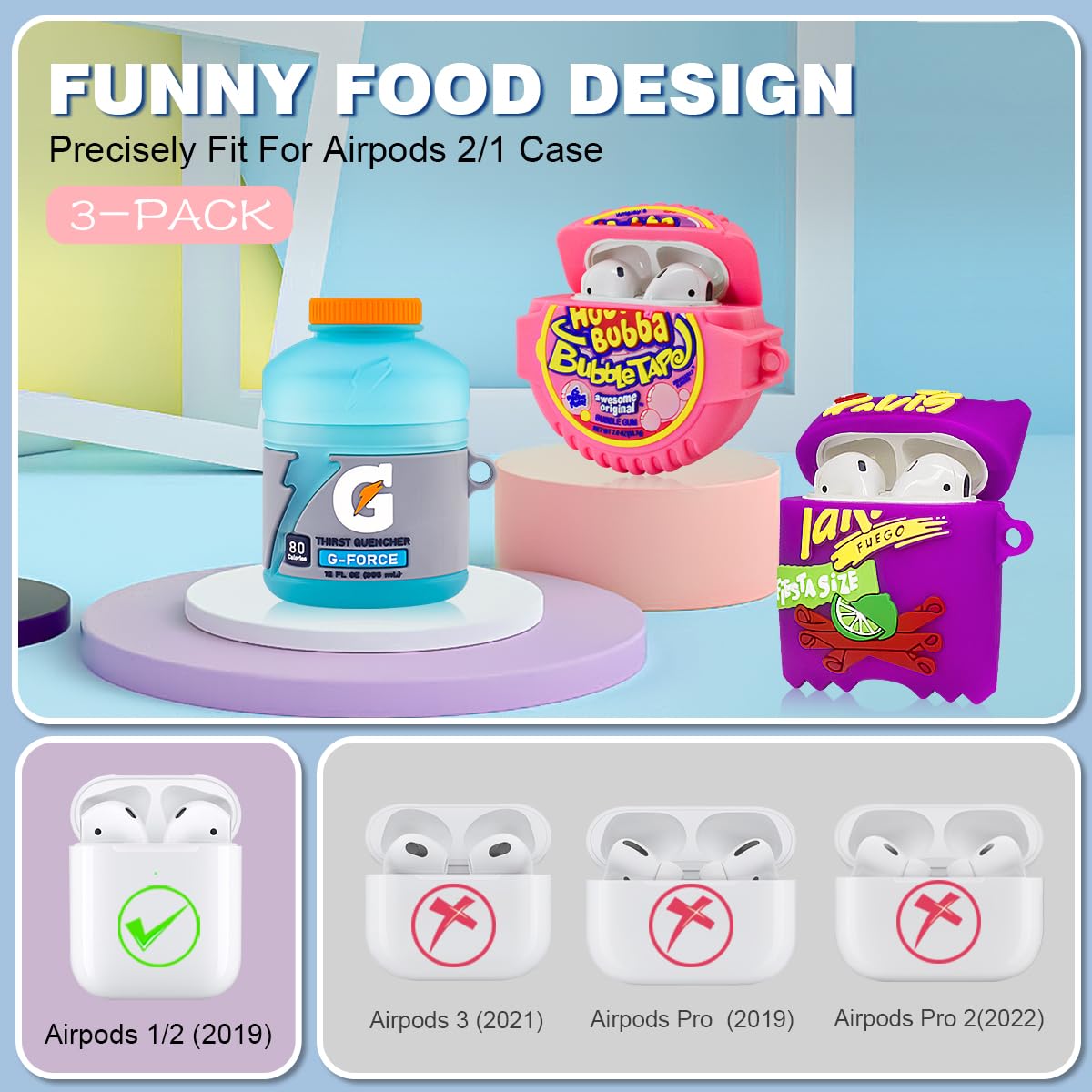 [Lot de 3] FGERWZ Étui pour AirPods 2 Étui mignon drôle, 3D Cartoon Food Design Silicone Airpods Case Cover Compatible pour AirPods 2&amp;1 avec stylo nettoyant (étui pour Airpod alimentaire)