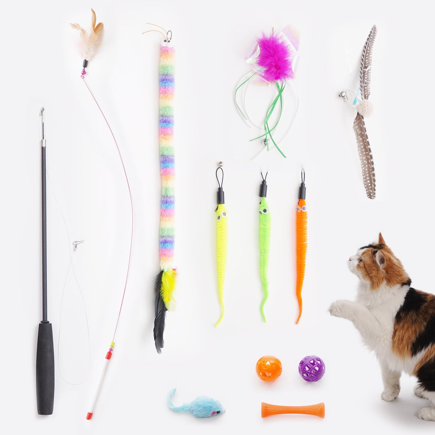 Pawsible Cat Toys, 2PCS Cat Teaser Fishing Pole with 7 Interactive Toys, Ideal for Indoor Play and Exercise, Keeps Cats Engaged and Active