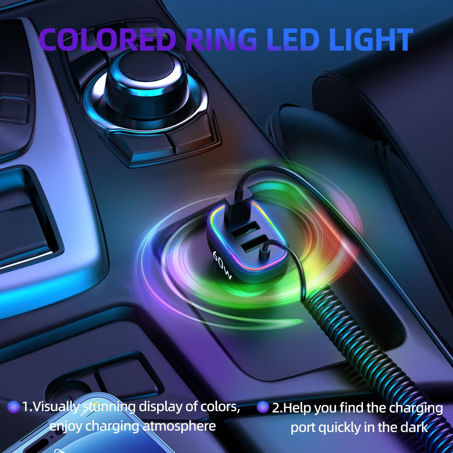 60W 4-Port USB-C & 18W USB-A QC3.0 Fast Charging Car Charger with Colorful Ring LED Light and Coiled Cable for iPhone 16 Pro Max, iPhone 15 Pro Max 14 13 12, Samsung Galaxy S24, Tablets and laptops