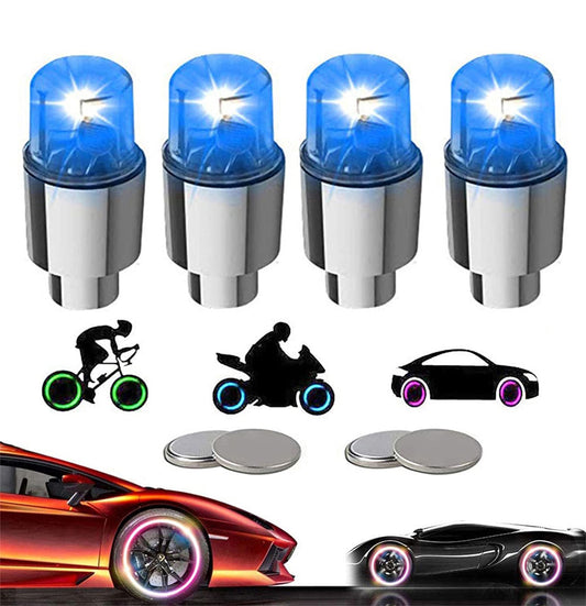 YUERWOVER Lot de 4 feux de pneu à LED pour voiture, camion, bouchons de valve, vélo, chariot de golf, feux de roue Firefly, vélo, moto, rayons de pneu, étanches pour enfants, garçons avec 10 piles supplémentaires (bleu)