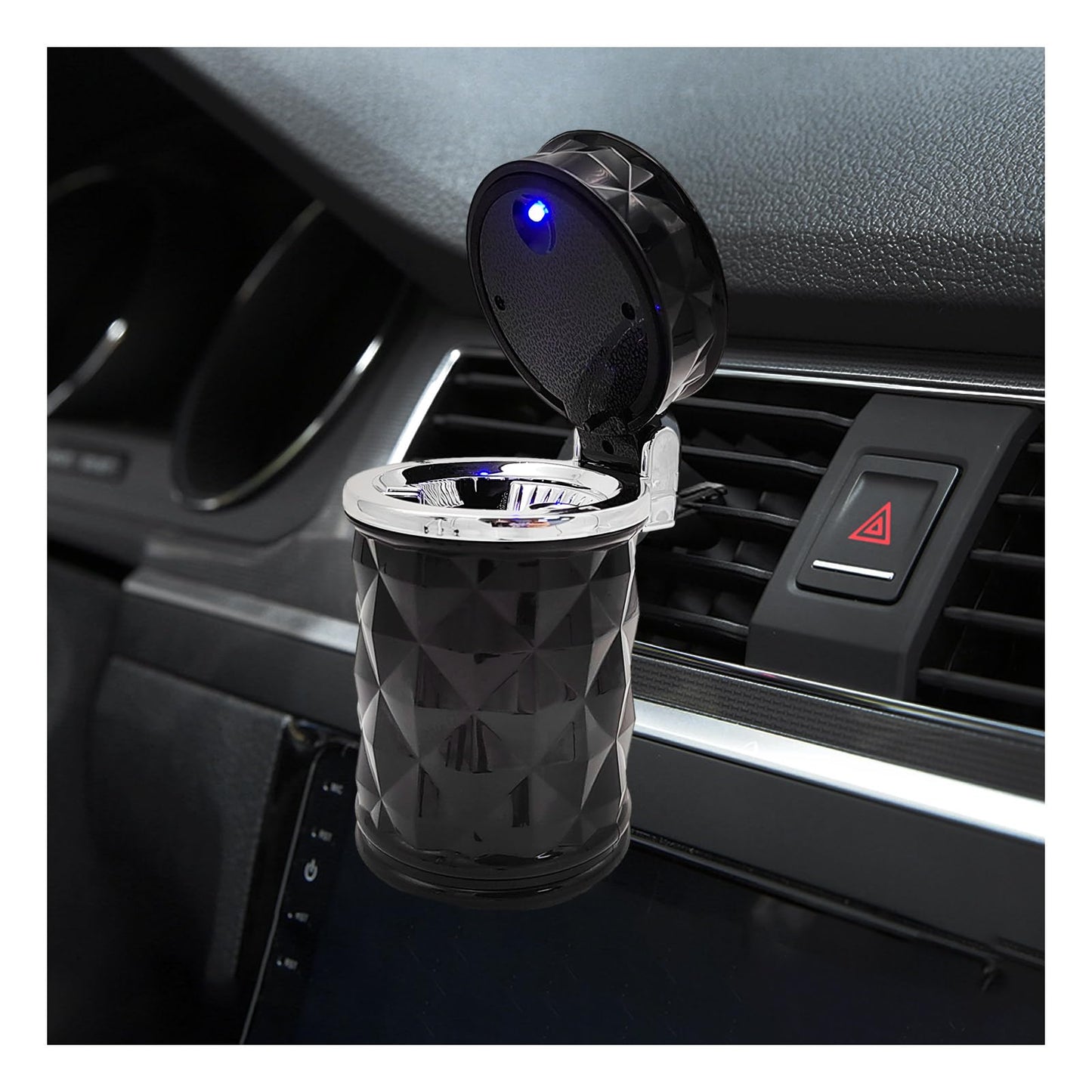 Cenicero portátil para coche Suvnie con tapa, cenicero de acero inoxidable sin humo con luz LED azul, mini bote de basura para coche, portavasos universal para interior de vehículo, accesorios para viajes en coche (negro)