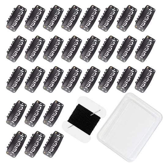 uadbau 30 Pcs 32mm 6-Teeth U-Shape Wig Clips for Clip-in Hair Extensions, with DIY Needle and Thread Kit – Snap Hair Clips for Hair Extensions Clip-ins (Black)