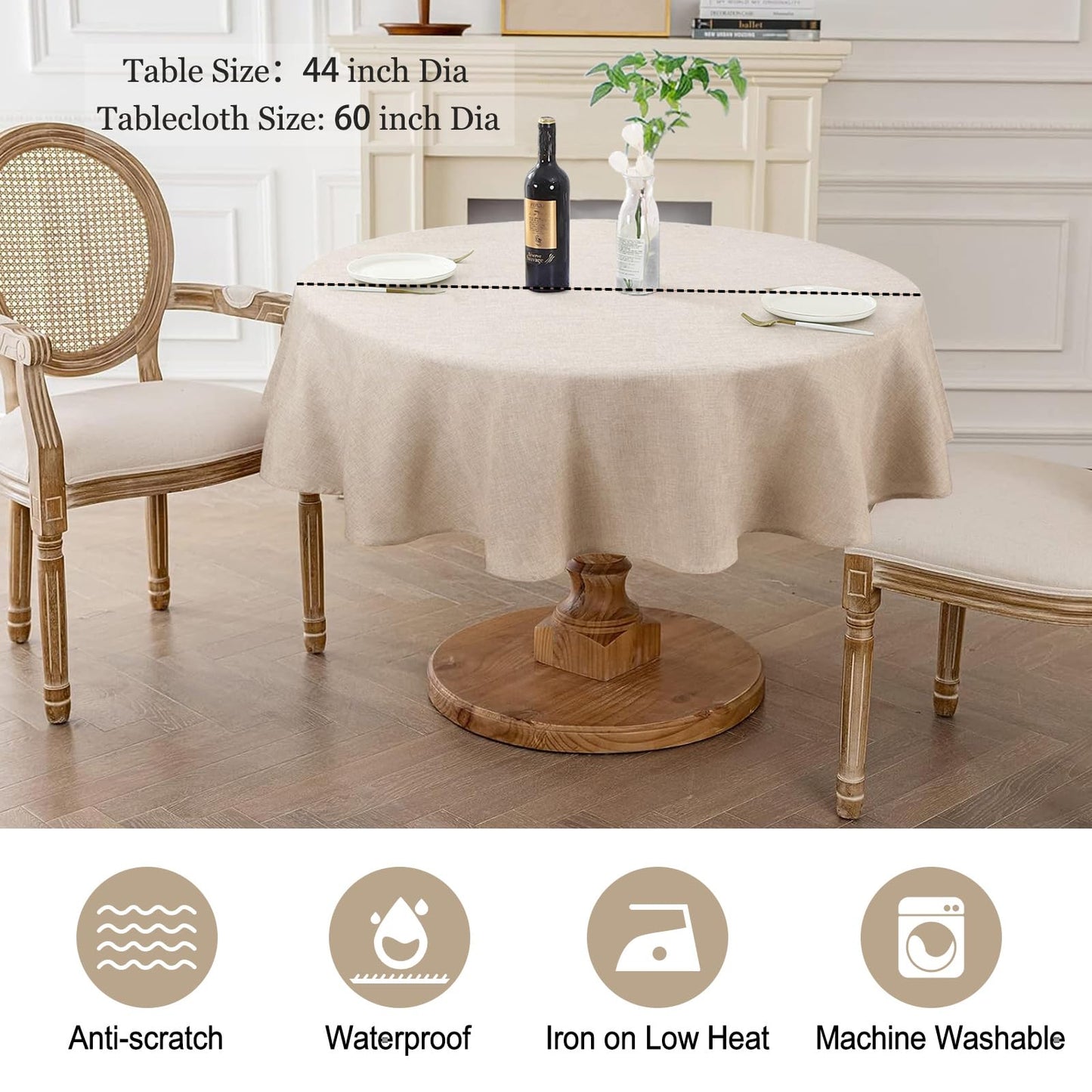 AUSSPVOCT Textured Linen 60 Inch Round Tablecloth Up to 40'' Tables, Waterproof Spill-Proof Wipeable Round Table Cloth Wrinkle Free Circle Dining Tablecover for Birthday Farmhouse Spring Easter Decor