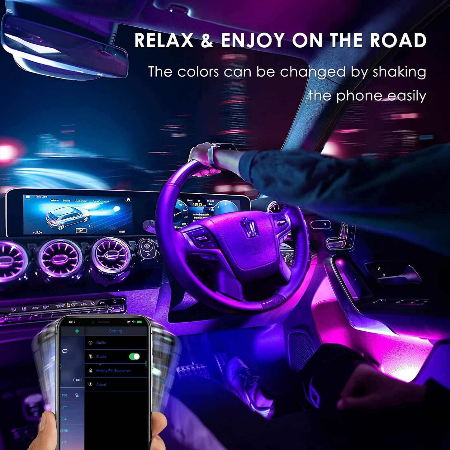 Interior Car Lights, Abnija Car LED Strip Light 48 LED DIY 16 Million Colors Microphone App Control Smart Phone Music Sync RGB Under Dash Waterproof Car Lighting Kit with Car Charger, USB DC 12V