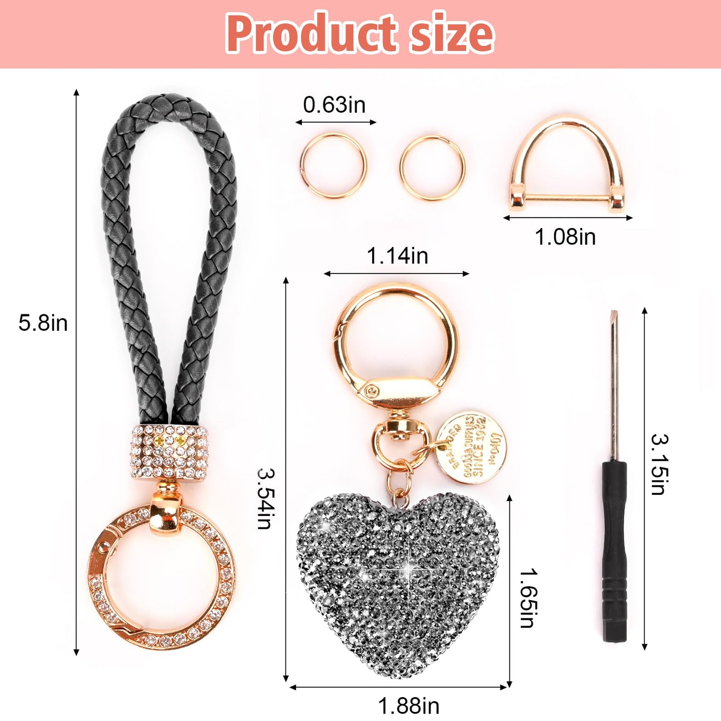 Porte-clés de voiture pour femme avec strass en forme de cœur Bling Girl Cute Keychain pour Noël, cadeau personnalisé (A-Noir)