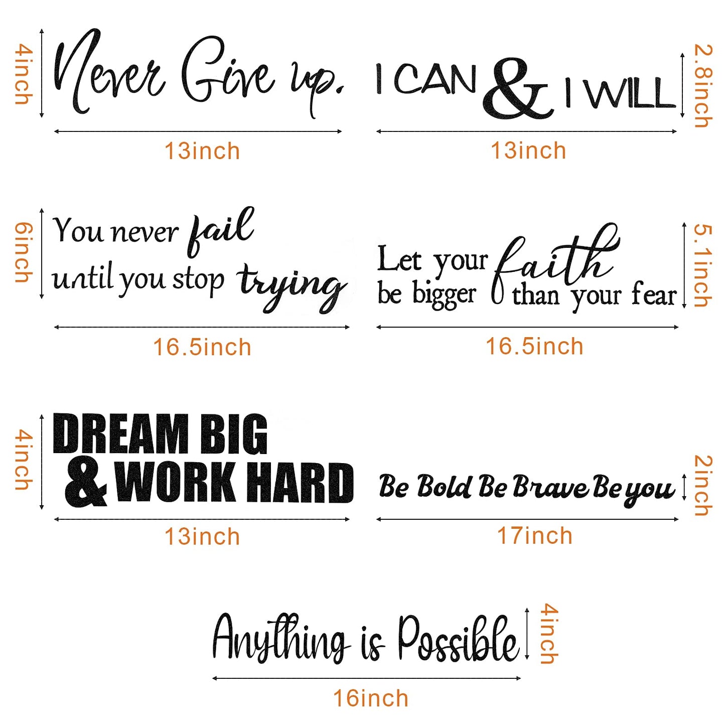 5 Sheets Vinyl Wall Quotes Stickers Inspirational Quotes Decals Peel and Stick Motivational Wall Decals Never Give up Anything is Possible Wall Decals for Bedroom Living Room Office Bathroom