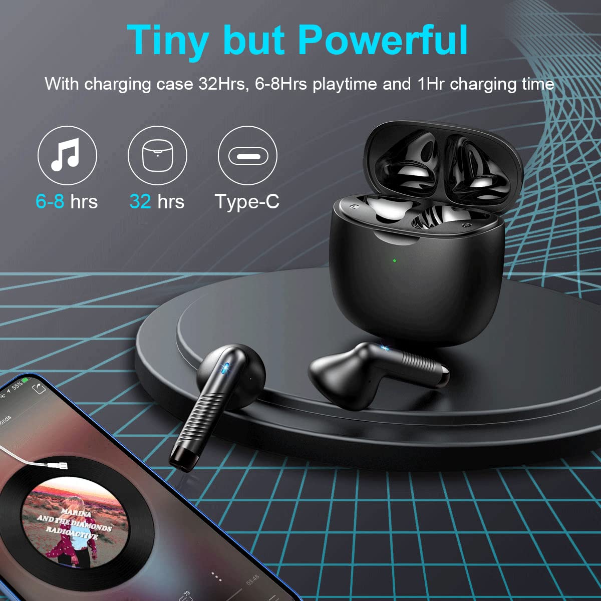 Wireless Earbuds, Bluetooth 5.3 Earbuds Stereo Bass, Bluetooth Headphones in Ear Noise Cancelling Mic, Earphones IP7 Waterproof Sports, 32H Playtime USB C Mini Charging Case Ear Buds for Android iOS