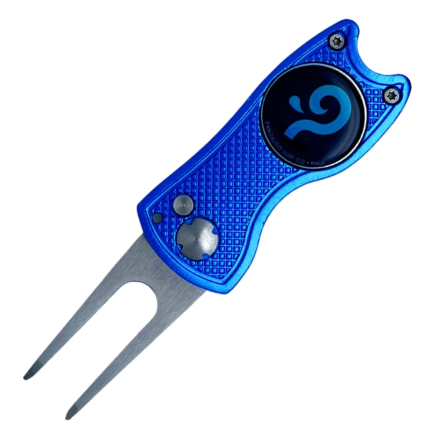 Pangaloo Surf Co Folding Spring Golf Divot Tool - Aluminum and Stainless Steel with Magnetic Ball Marker (Blue)