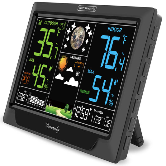 Estación meteorológica DreamSky, termómetro inalámbrico para interiores y exteriores, reloj atómico con temperatura interior y exterior, fecha y día, luz de fondo ajustable, monitor de humedad y temperatura interior y exterior para el hogar