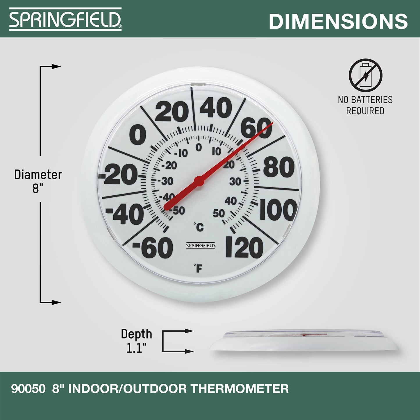 Thermomètre d'intérieur et d'extérieur Springfield à grand cadran, thermomètre sans fil avec grands chiffres faciles à lire pour terrasse, piscine et espaces intérieurs, 8 pouces, blanc