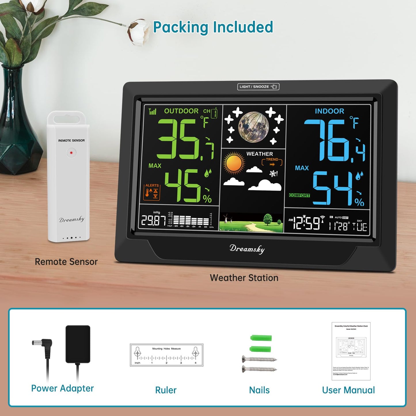 Station météo DreamSky Thermomètre intérieur extérieur sans fil, horloge atomique avec température intérieure extérieure, date jour, rétroéclairage réglable, moniteur d'humidité de la température intérieure extérieure pour la maison