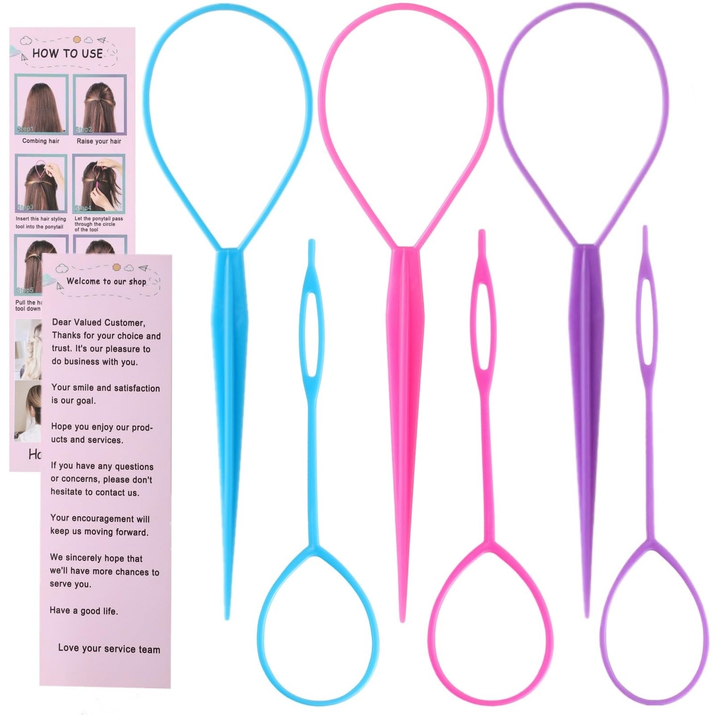 Schembo Topsy Tail Hair Tool 6pcs Hair Loop Styling Tool Set, 3 Colors Ponytail Hair Pull Through Tool, Two Sizes of Topsy Turvy Hair Tool for Women,Girls and Kids, Hair Flip Tool (pink/purple/blue)