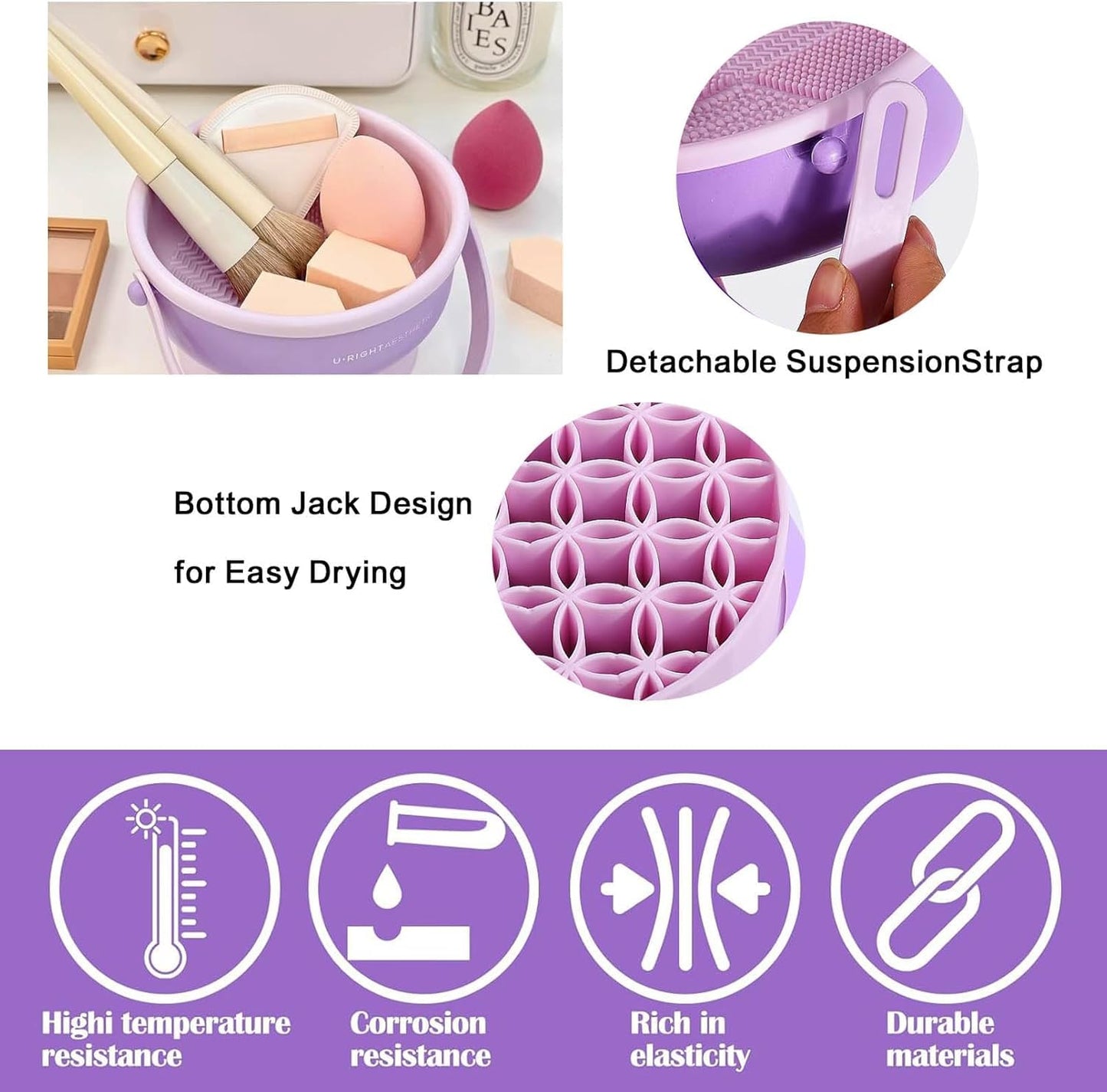 3 in 1 Makeup Brush Cleaning, Timistars Makeup Brush Cleaner, Brush Cleaner Makeup, Silicone Makeup Brush Holder, Mat Brush Cleaner Mat Foldable Makeup Brush Cleaning Bowl With Lanyard (Purple)