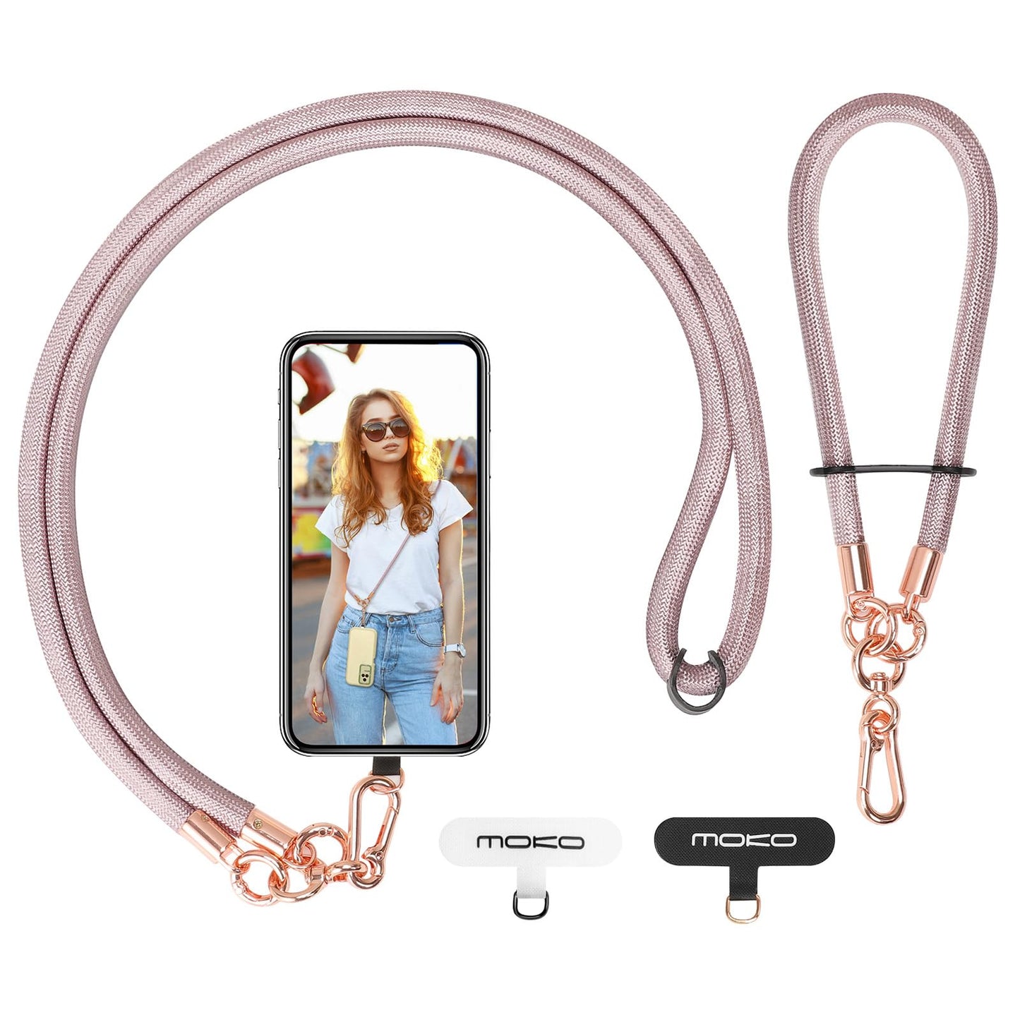 MoKo Crossbody Phone Lanyard, Adjustable Cell Phone Lanyard, Premium 8mm Thick Rope Mobile Phone Lanyard for iPhone, Samsung,and More | Phone Neck Strap×1, Wrist Strapx1, Lanyard Patch×2 Rose Gold