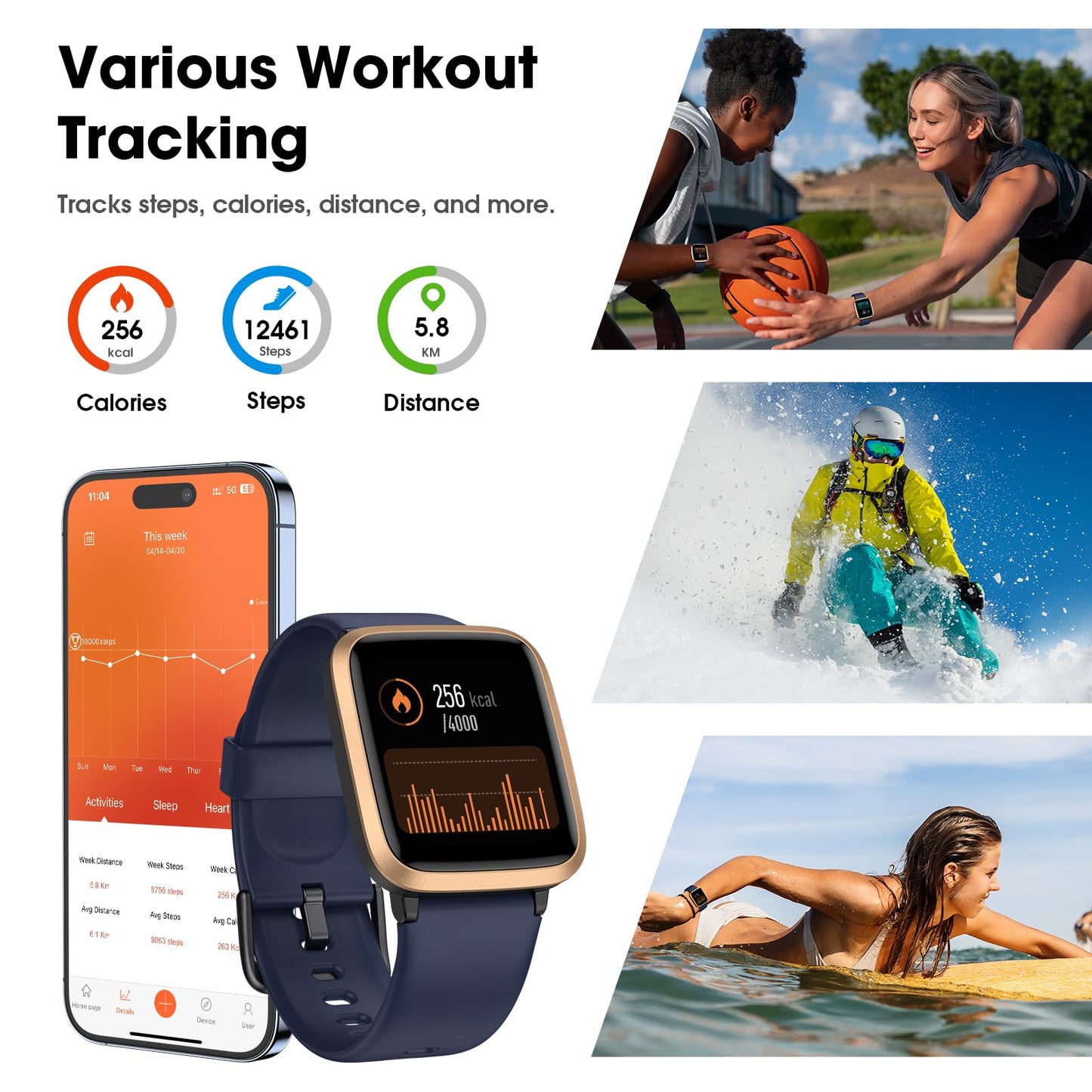 Pautios Smart Watch, Fitness Tracker with Heart Rate, SpO2 and Sleep Monitor, 42mm Swimming Waterproof Watch, Fitness Watches for Women Men, Step Tracker, Smartwatch Compatible with iOS Android Phones