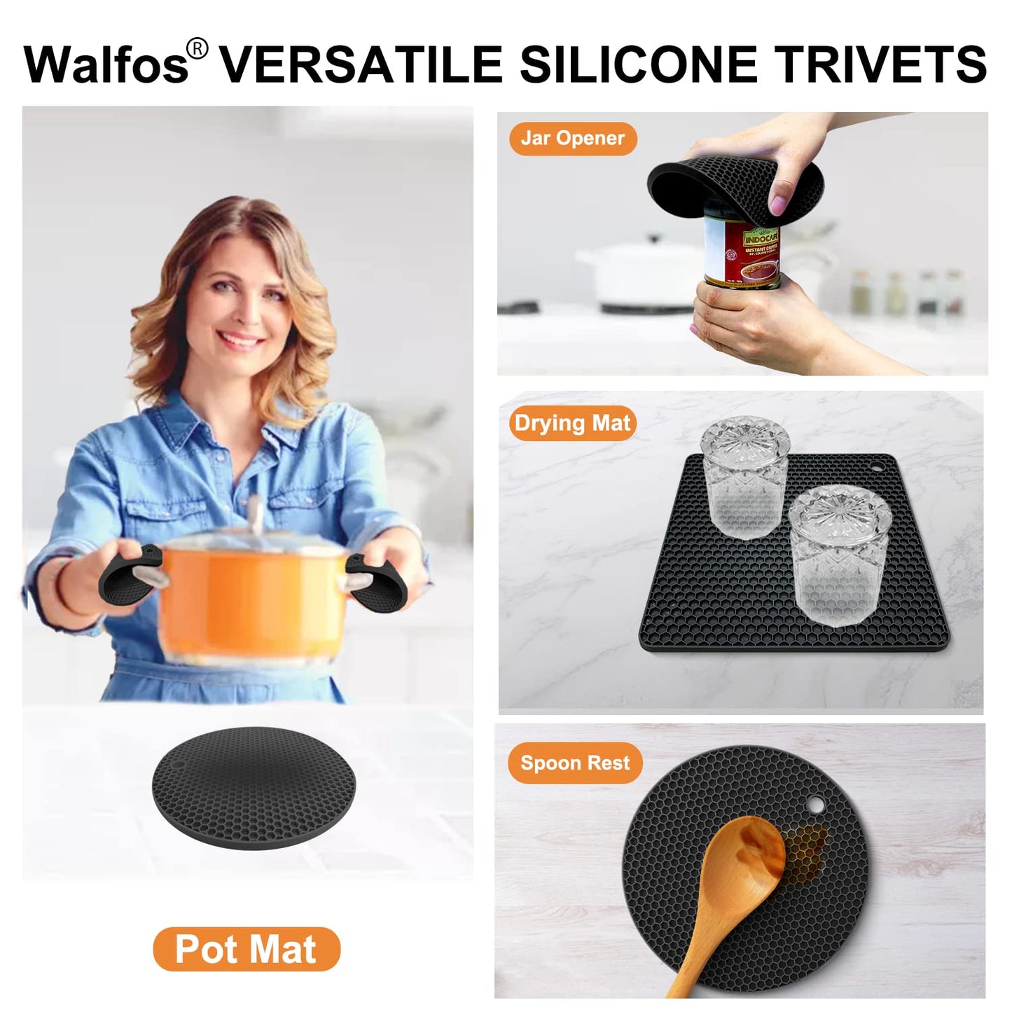 Salvamanteles de silicona Walfos: 4 agarraderas resistentes al calor, almohadillas antideslizantes multiusos para agarraderas de cocina, platos calientes, abridor de frascos, soporte para cucharas, silicona de grado alimenticio y sin BPA (negro)