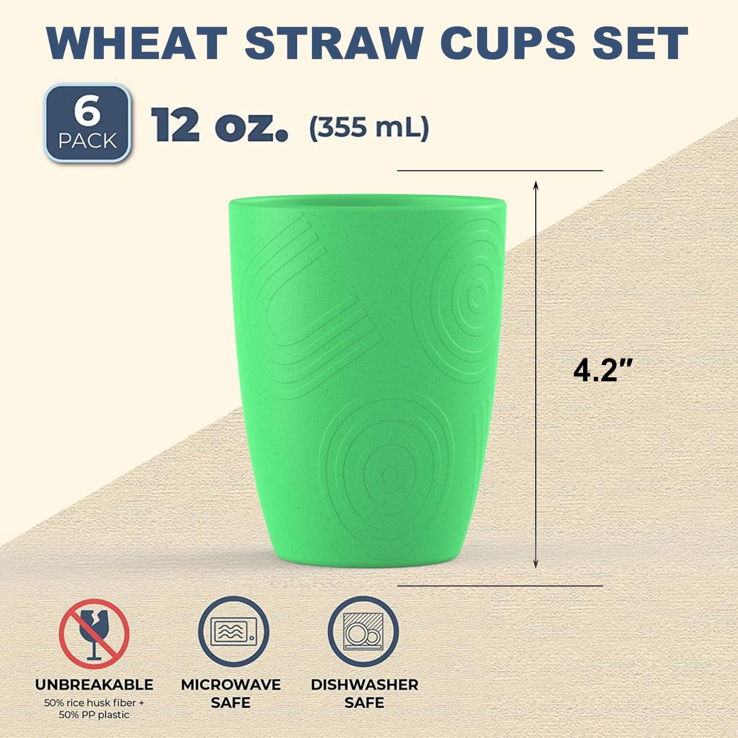 Wrova wheat straw cups 12oz set of 6 unbreakable,alternative plastic drinkings cups microwave safe,dishwahser safe and freezer safe,Green-White-Blue