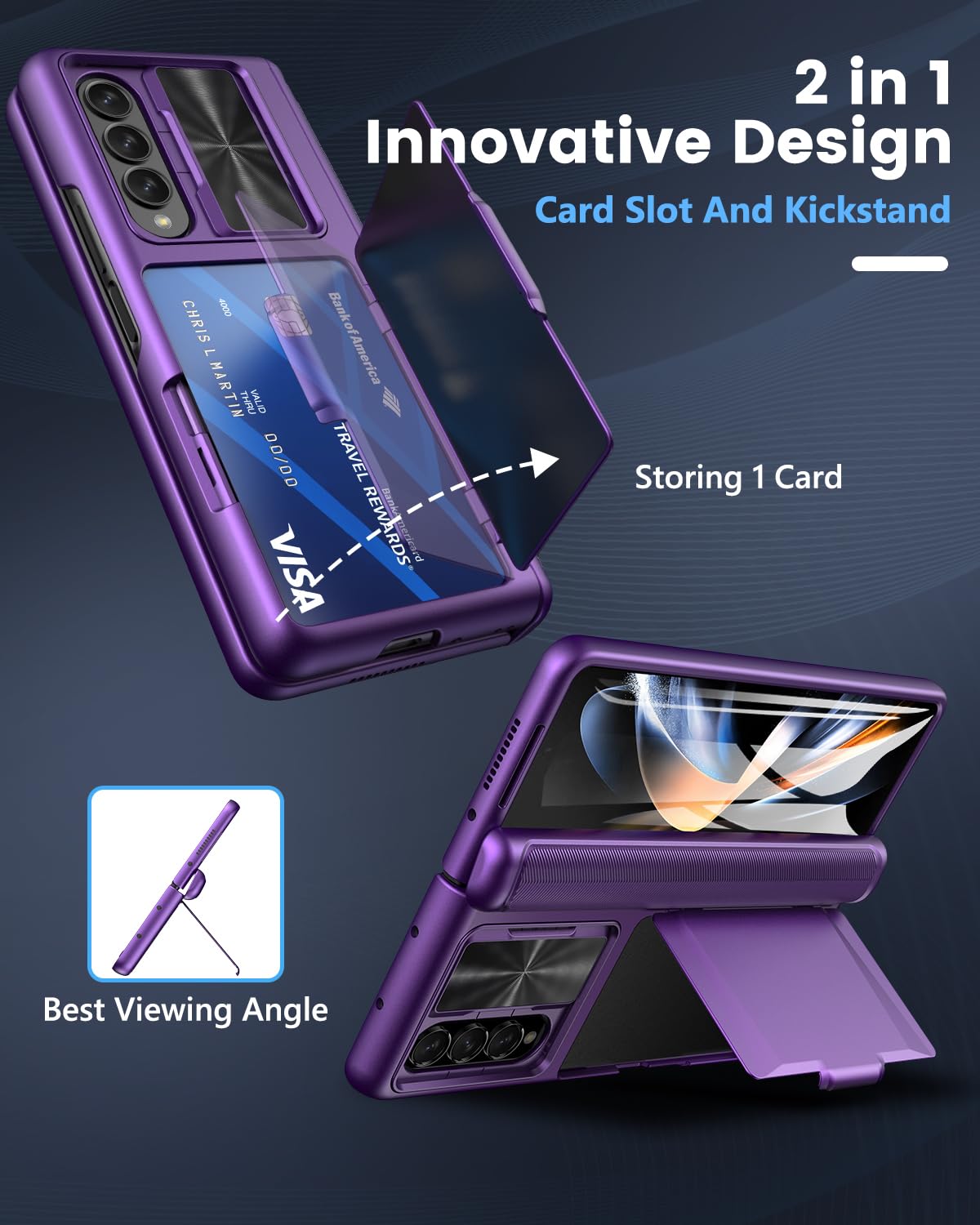 Viaotaily for Samsung Galaxy Z Fold 4 Case with Card Holder & Slide Camera Cover, Built-in Screen Protector & Hinge Protection, Shockproof Durable Wallet Phone Case for Galaxy Z Fold 4, Dark Purple