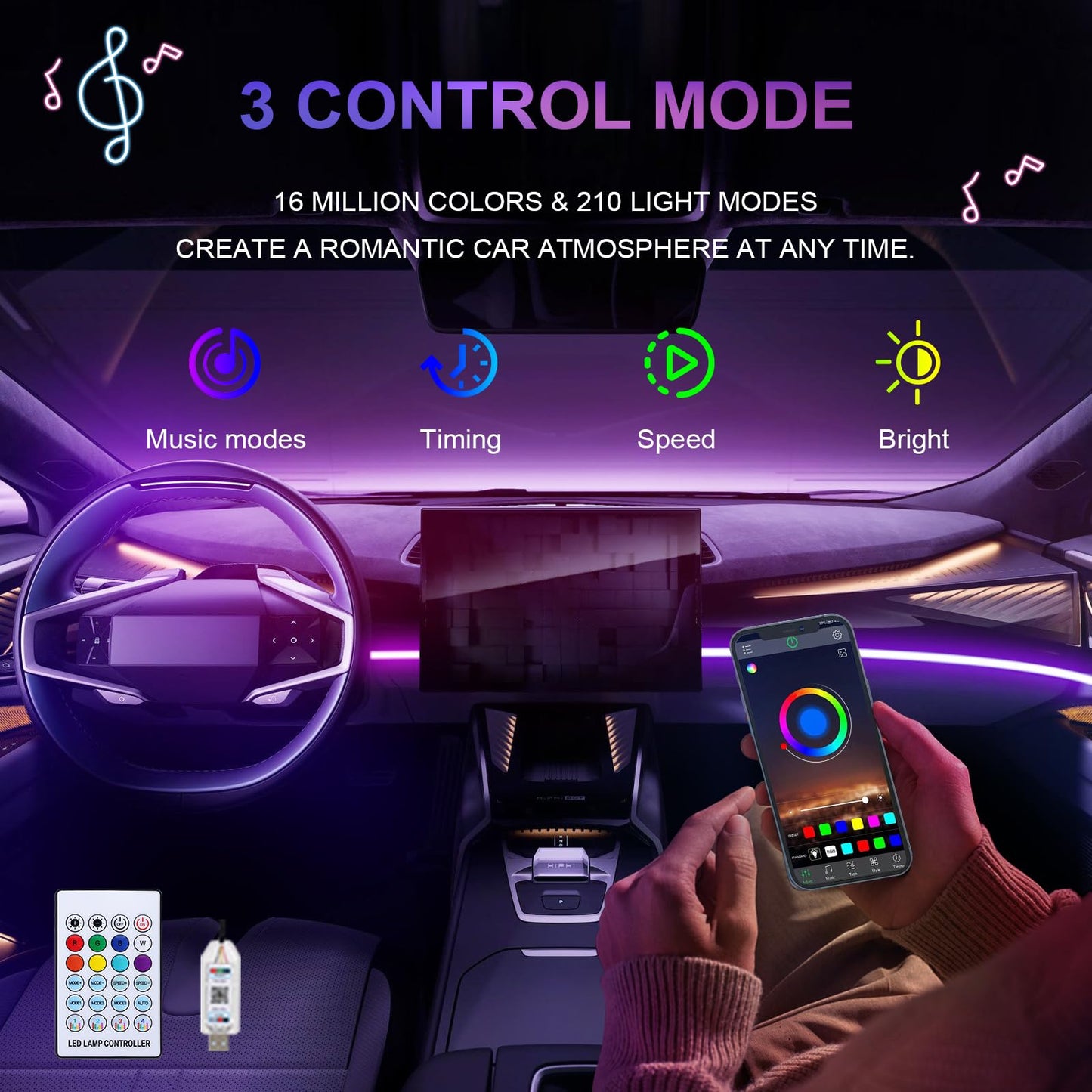 Acrylic LED Lights for Car, 43.3in RGB Strip Light Car LED Lights Interior with USB Port, App Control, Music Sync, 146 LEDs Interior Car Lights, Car Accessories Gifts for Women Men