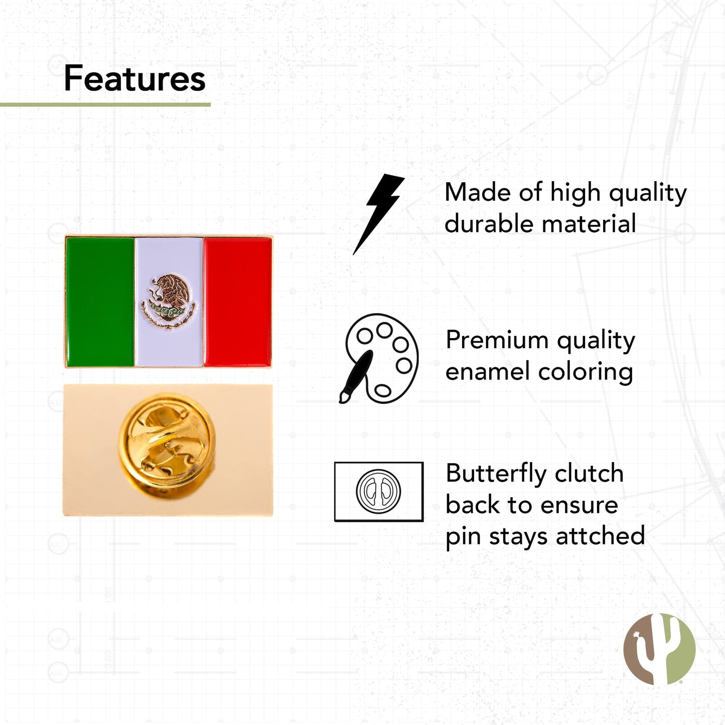 Desert Cactus Mexico Flag Lapel Pin Country Enamel Made of Metal Souvenir Hat Men Women Patriotic Mexican (Rectangle Pin)