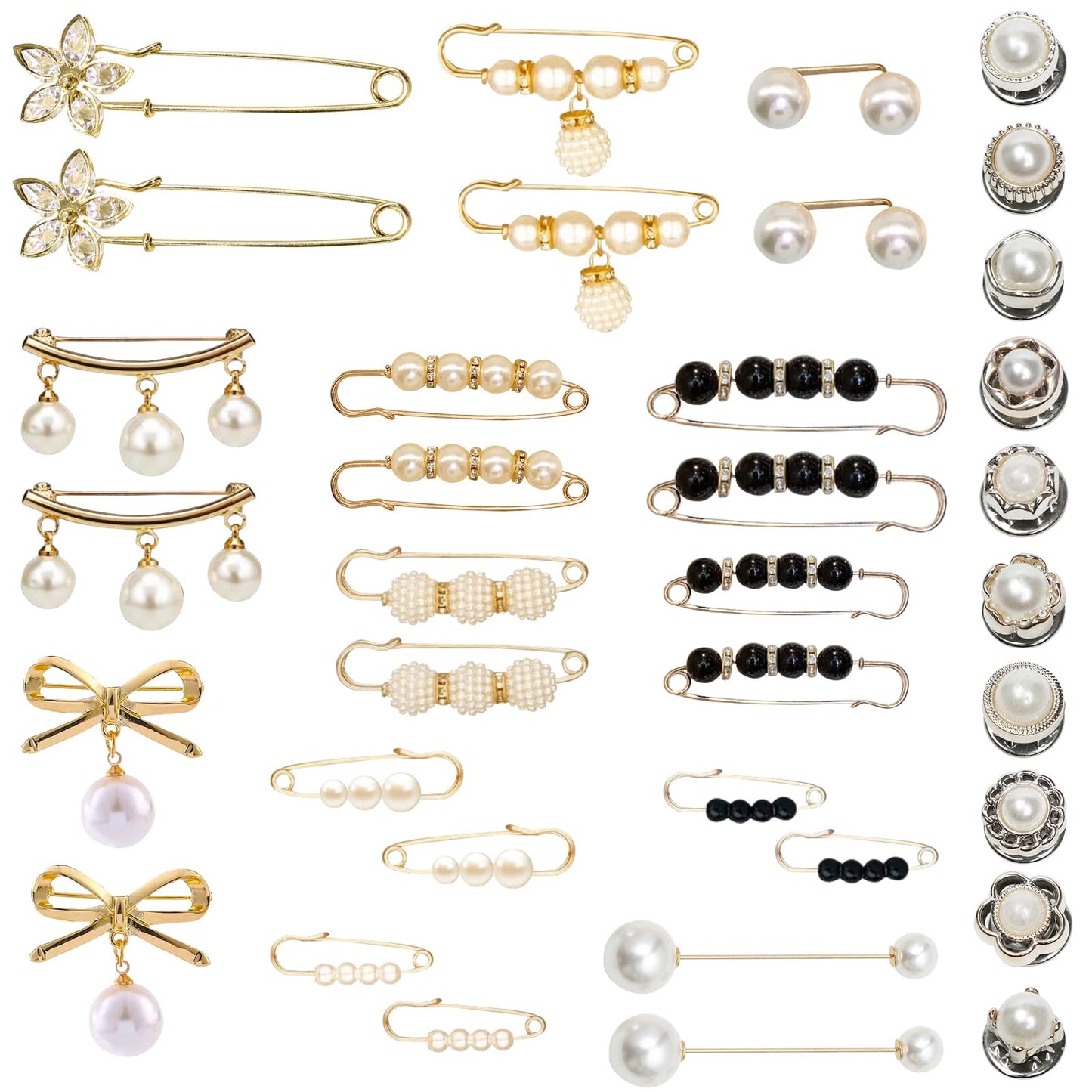 36 Pcs Pearl Brooch Pins Sweater Shawl Clip Neckline Safety Pin Faux Rhinestones Brooches for Women Clothing Dress Pants Skirt Waist Decoration Accessories