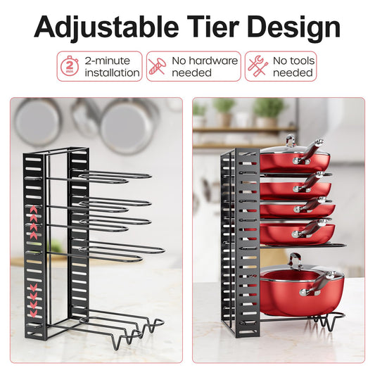 MUDEELA Support de rangement pour casseroles et poêles sous armoire, organisateurs de cuisine à 8 niveaux et supports de rangement pour casseroles, organisateurs de casseroles réglables à l'intérieur de l'armoire avec 3 méthodes de bricolage