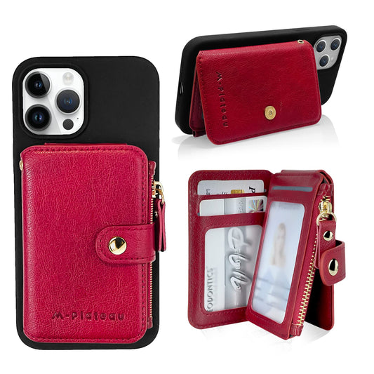 M-Plateau Card Holder for Phone Case Button Closure Phone Wallet for Women with Zipper Coin Purse Have 6 Card Slots and ID Window Suitable for iPhone 14 Plus Case (Red)