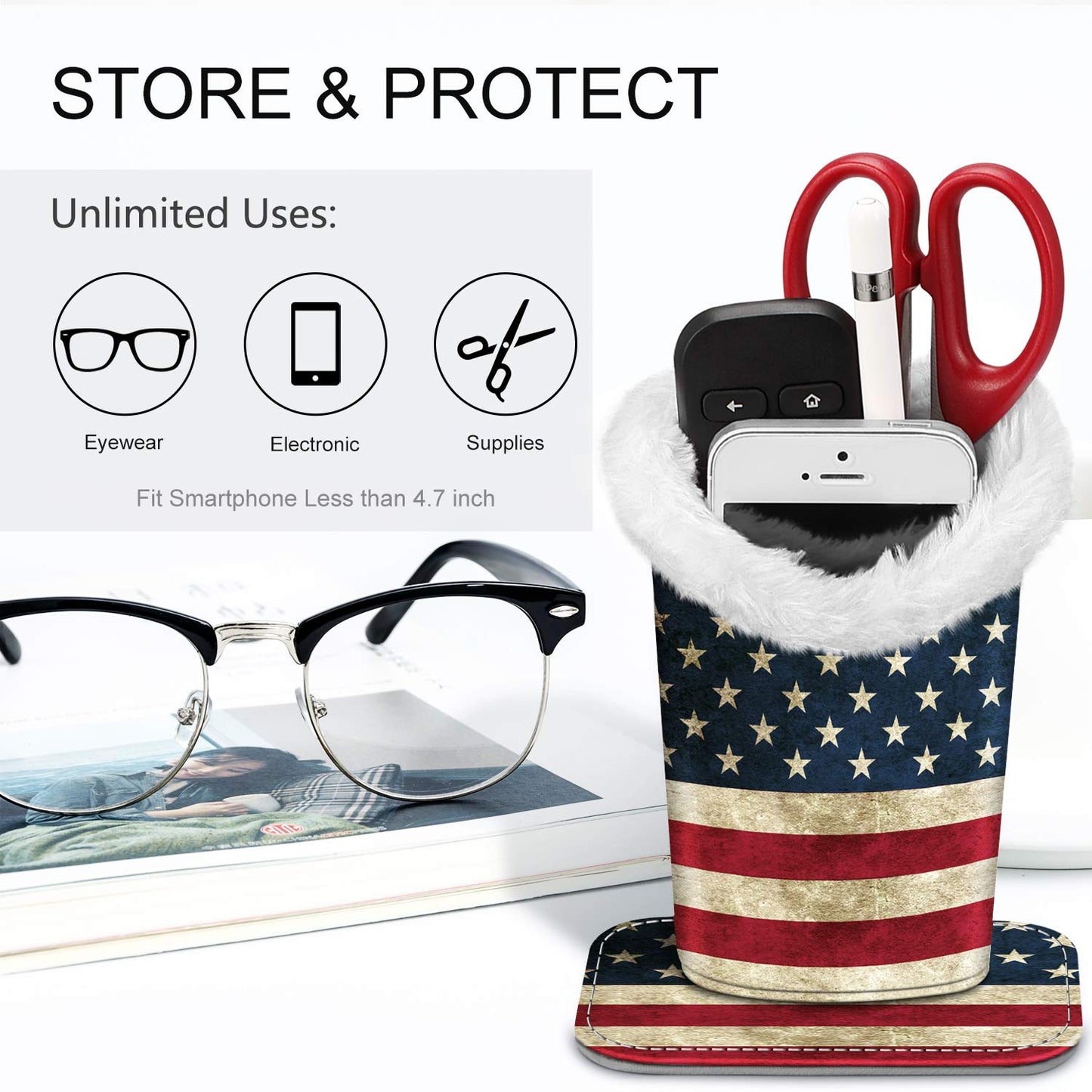 Fintie Plush Lined Eyeglasses Holder with Magnetic Base- Premium Vegan Leather Glasses Stand Case, US Flag