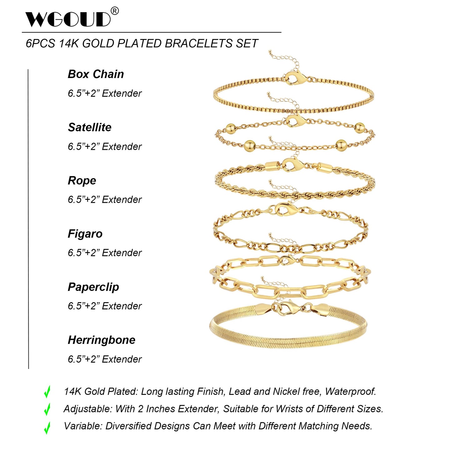 Wgoud Waterproof Gold Bracelets for Women Trendy, Dainty 14K Real Gold Plated Fashion Stackable Bracelet Sets for Women Thin Cuban Link Paperclip Chain Bracelets Layered Gold Jewelry Sets Gifts for Womens (6Pcs Gold Bracelet)