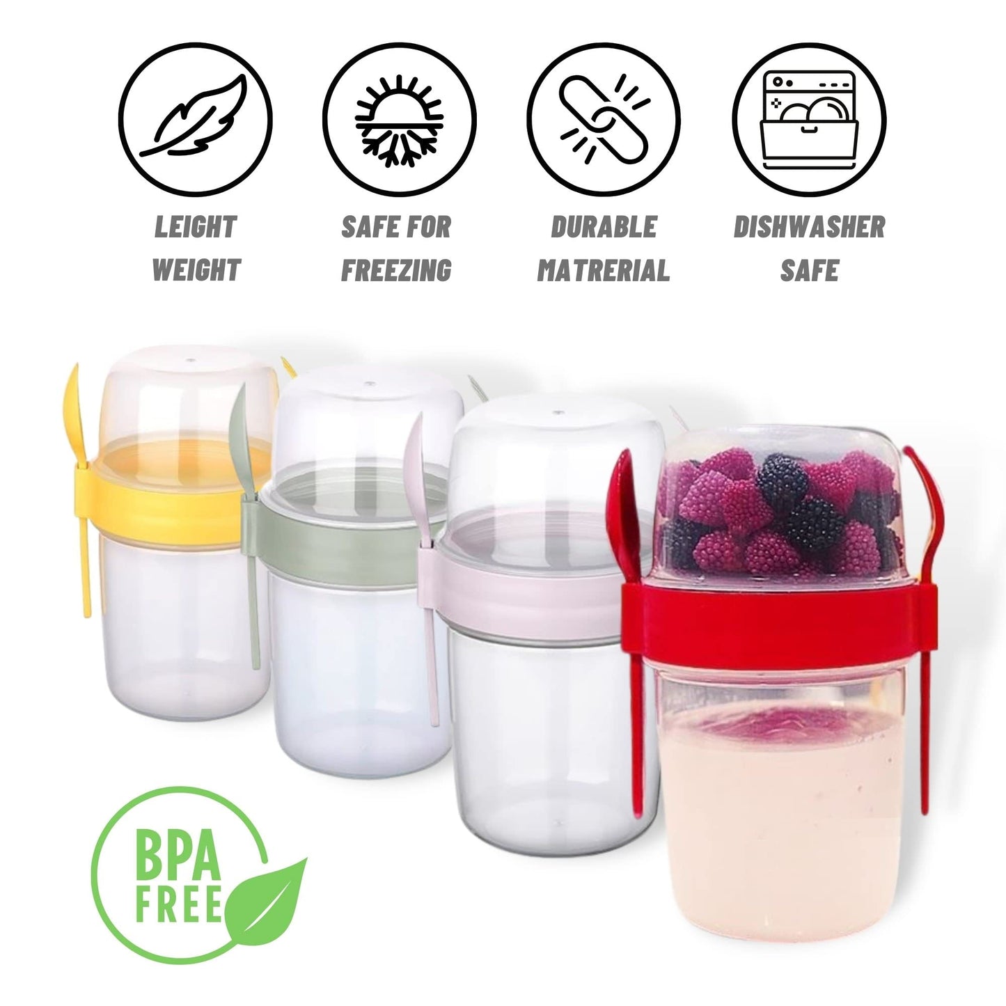 Fairway Finds Paquete de 4 vasos de parfait de yogur de 22 oz con tapa Vaso reutilizable para cereales Vaso portátil para planificar comidas Contenedor para llevar leche, granola, yogur Cereales para llevar Tapas y cucharas