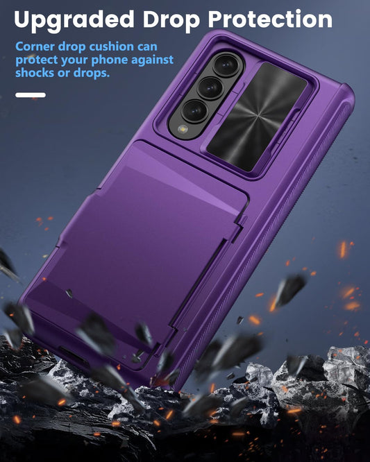 Viaotaily for Samsung Galaxy Z Fold 4 Case with Card Holder & Slide Camera Cover, Built-in Screen Protector & Hinge Protection, Shockproof Durable Wallet Phone Case for Galaxy Z Fold 4, Dark Purple