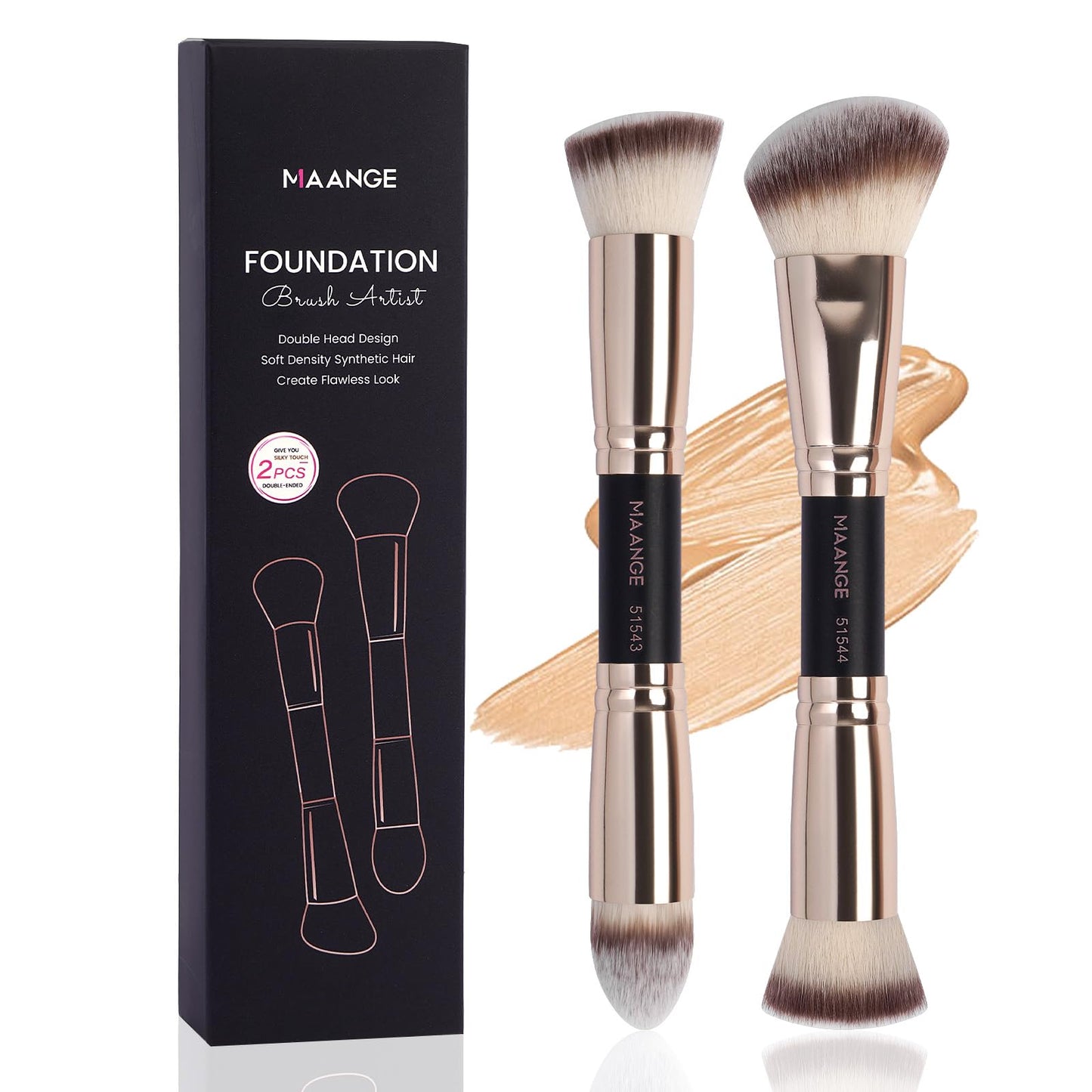 MAANGE Foundation Makeup Brushes, 2Pcs Premium Double-Ended Makeup Brush (Flat/Angled/Angled Round/Tapered Top) for Buffing Liquid, Cream, Powder, Blending Contour Face Brush(Black/Gold)