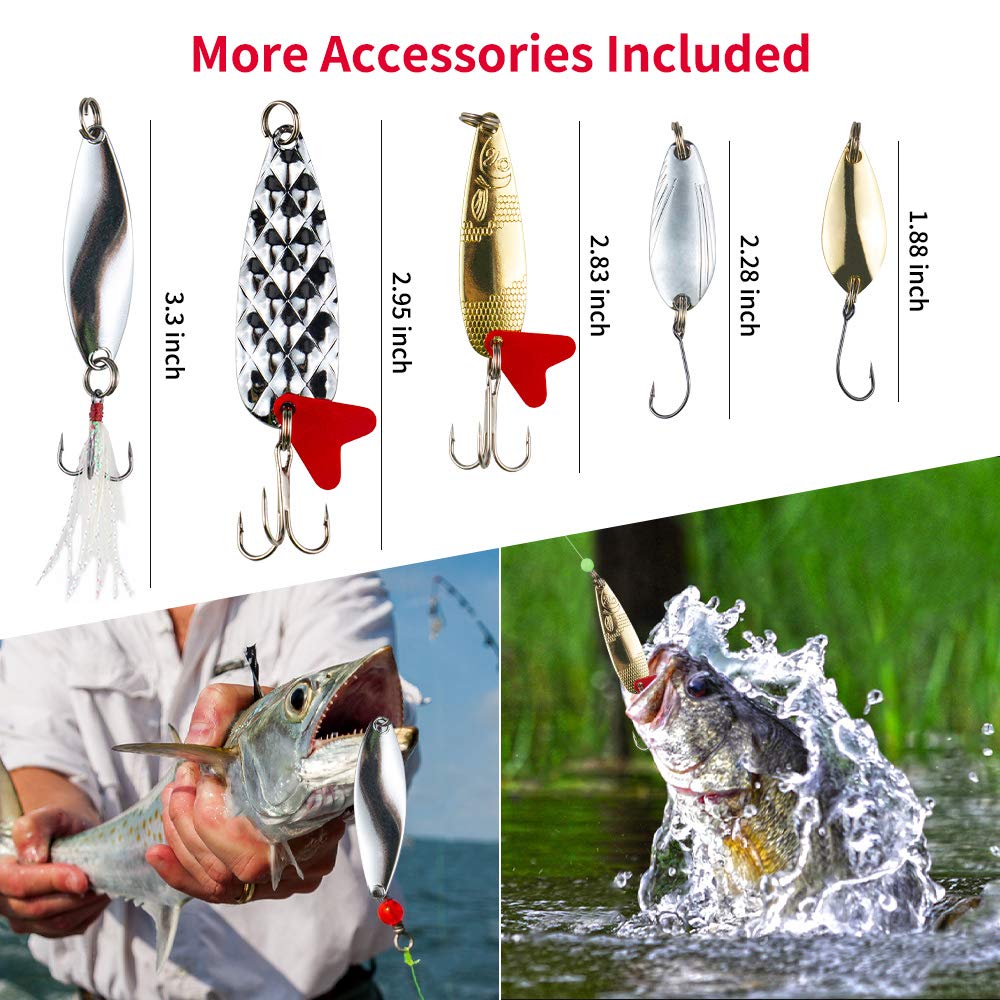 Kit de señuelos de pesca GOANDO para agua dulce Kit de aparejos de cebo para lubina Trucha Salmón Accesorios de pesca Caja de aparejos que incluye señuelos de cuchara Gusanos de plástico blando Crankbait Jigs Anzuelos