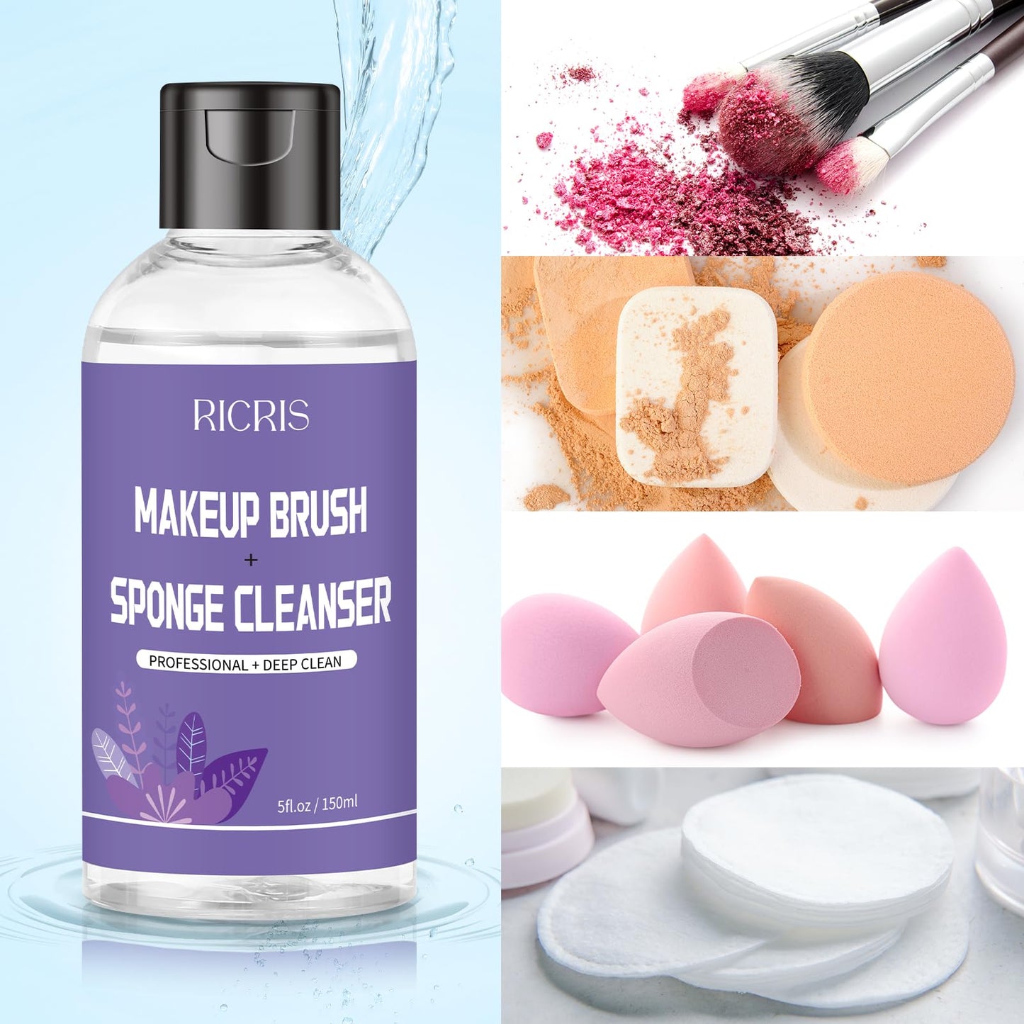 RICRIS Makeup Brush Cleaner Shampoo, Efficient Brush Cleanser Liquid Solutions for Make up Brushes/Sponges Blender/Puffs(5 FL Oz)